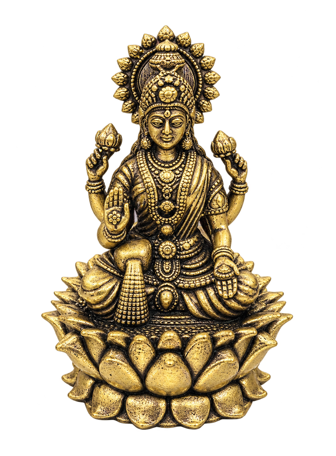 One brass Lakshmi on lotus sculpture