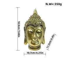 Buddha head sculpture in copper finish with catalogue dimensions