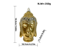 Buddha head sculpture in gold finish with catalogue dimensions