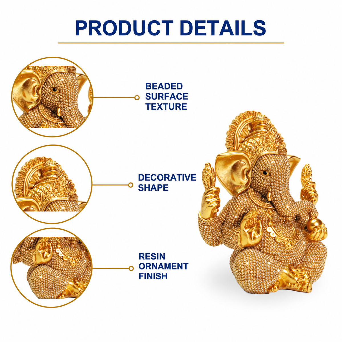 Close-up details of the seated Ganesha idol and its gold-tone beaded surface