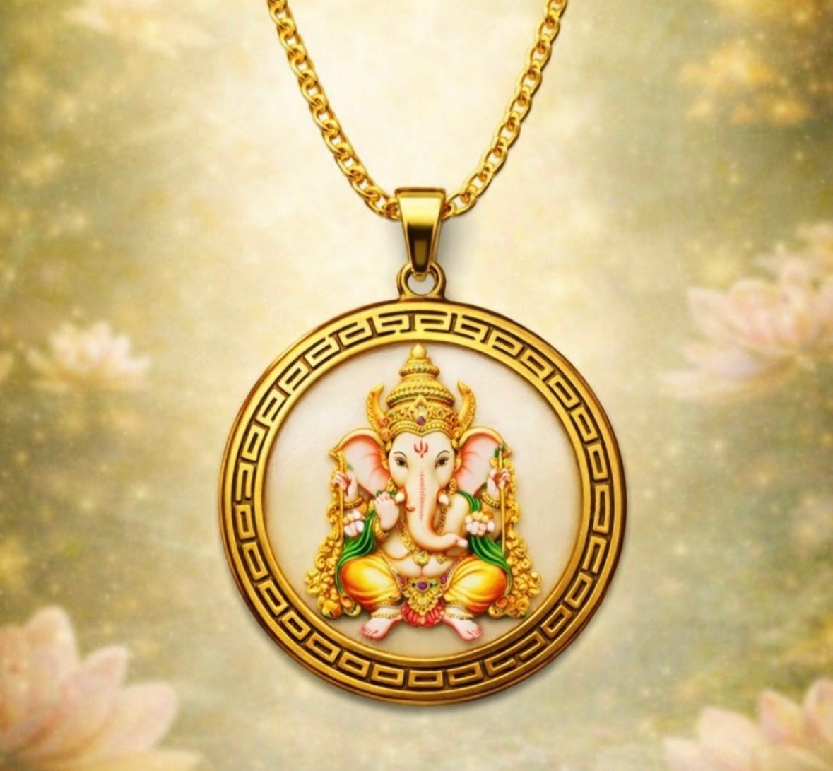 Circular Ganesha devotional pendant with a gold-tone patterned border
