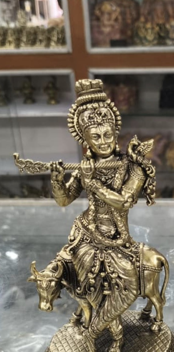 Lord Krishna with Cow Brass-Finish Statue - Design 4
