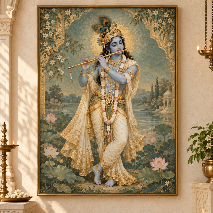 Krishna Painting — Flute & Lotus — illustrative concept preview
