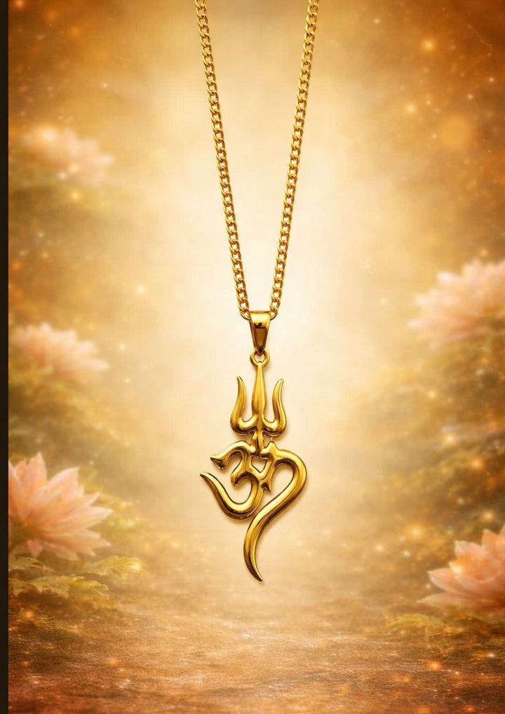 Gold-tone Om and Trishul pendant with matching chain