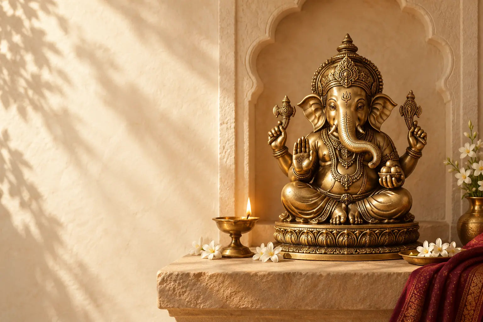 Concept of a brass Ganesha idol in a warm sandstone niche