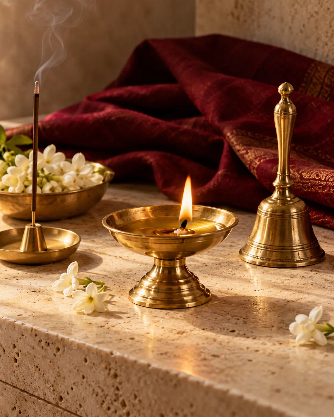 Concept arrangement of brass puja essentials and jasmine flowers